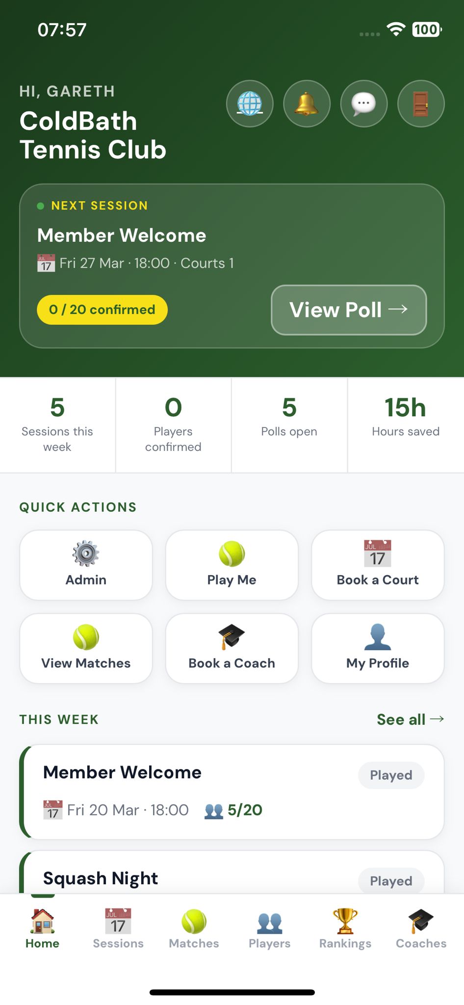 OnCourtMatch app showing session sign-ups and generated matches