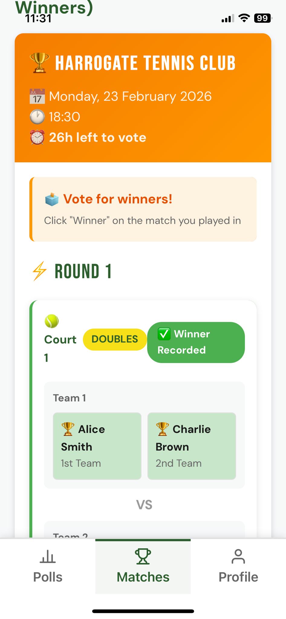 OnCourtMatch session management screen showing player poll responses