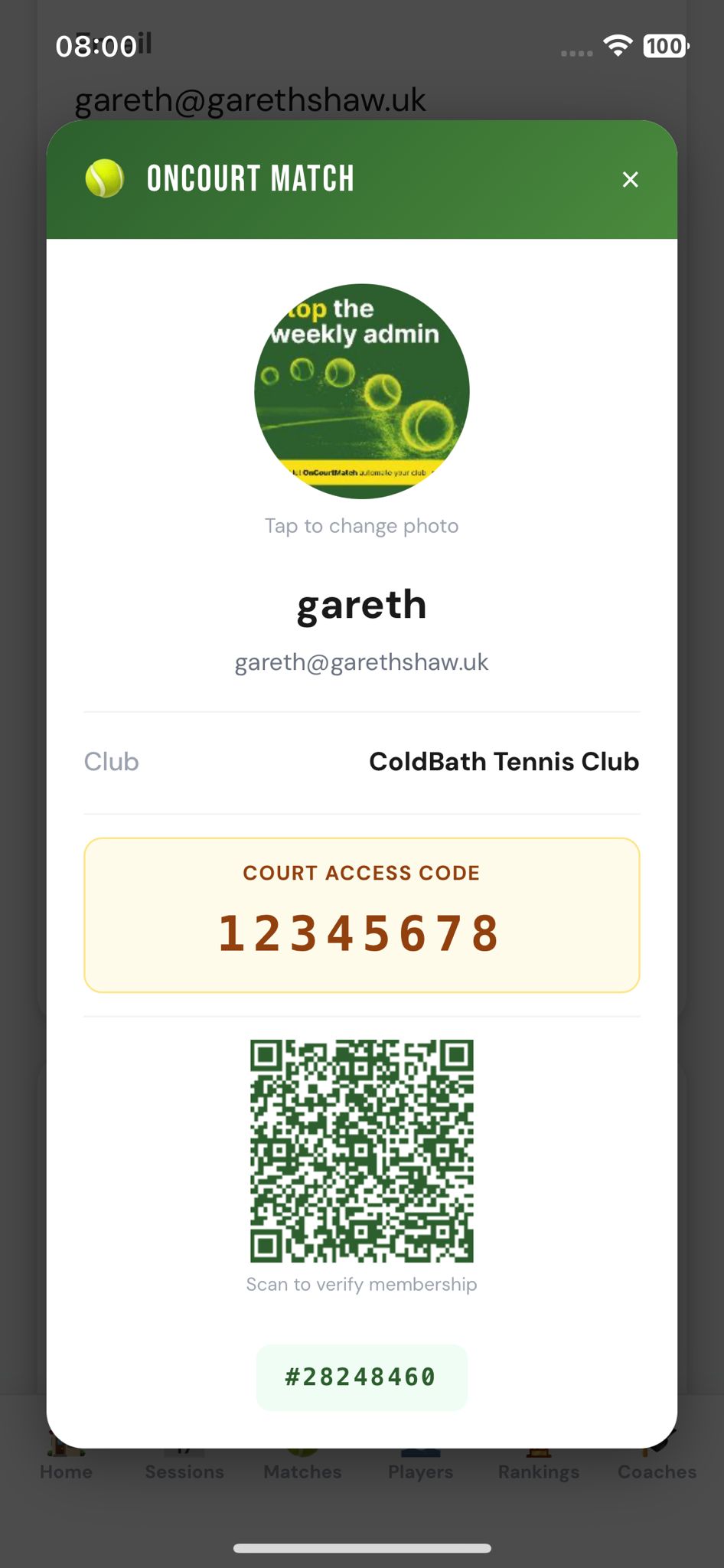 OnCourtMatch digital membership card