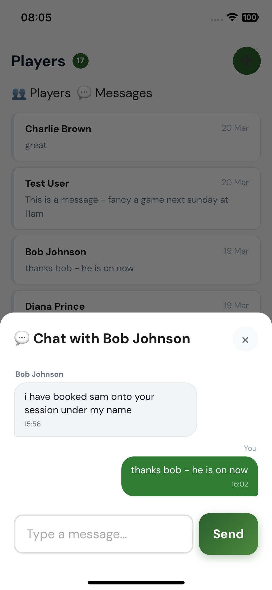 OnCourtMatch match in app messaging system