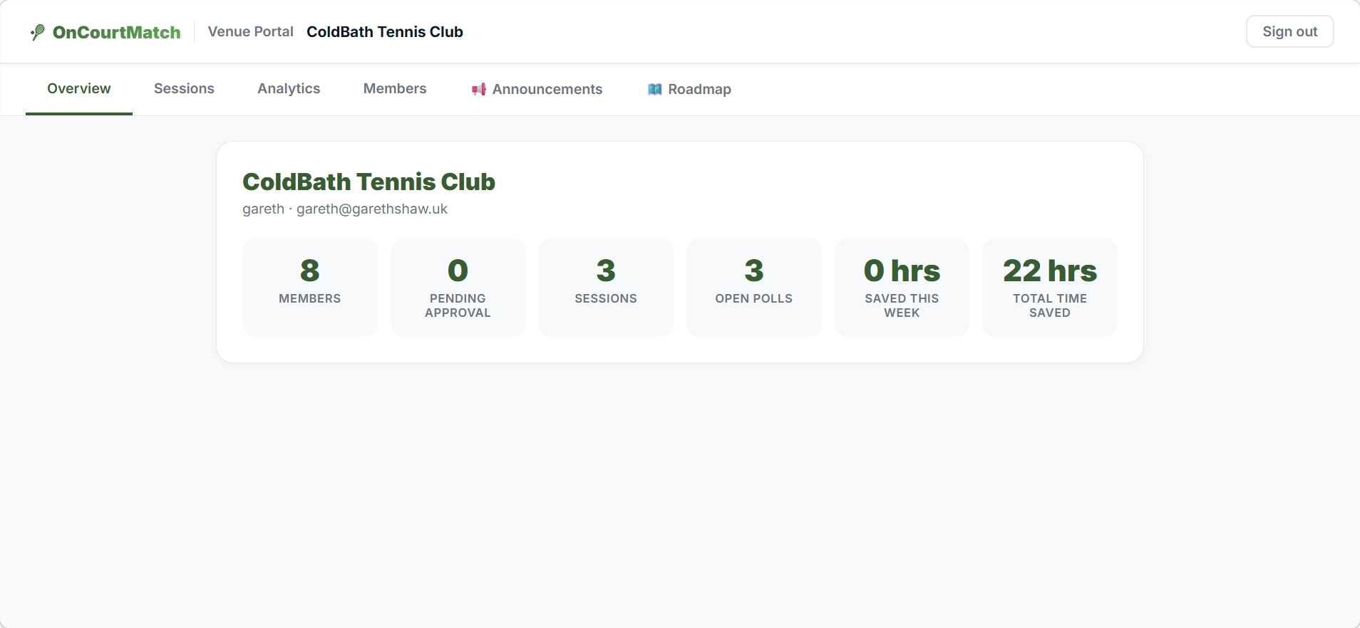 OnCourtMatch admin dashboard showing session overview and automation status