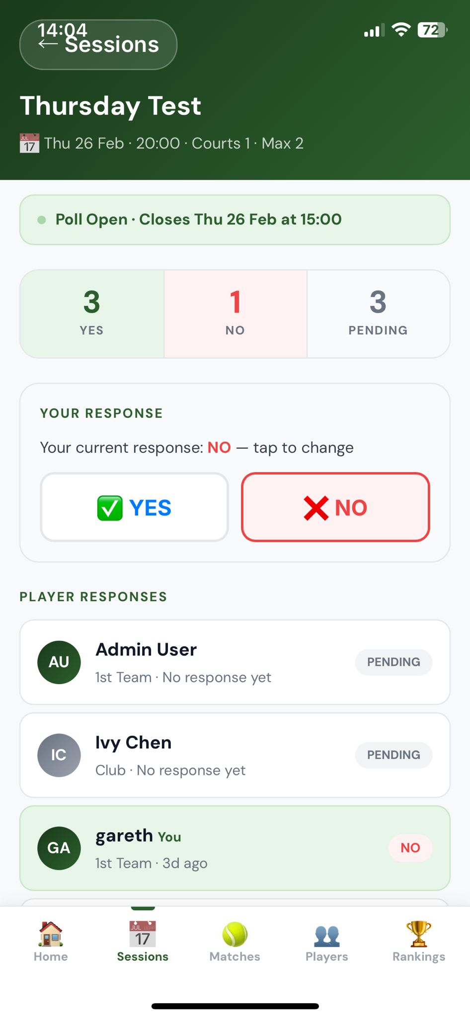 OnCourtMatch leaderboard screen showing club rankings and win/loss records
