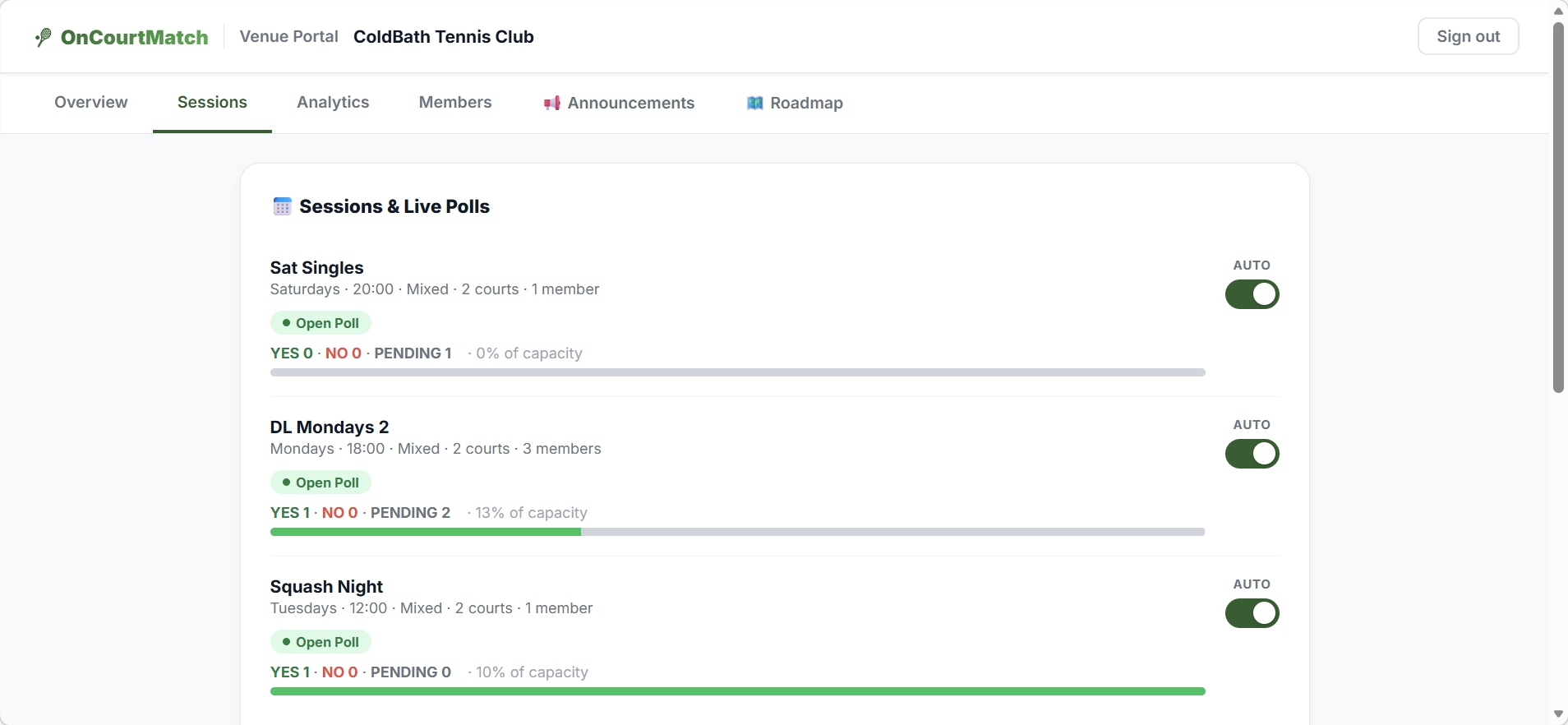 OnCourtMatch admin match generator showing balanced court pairings