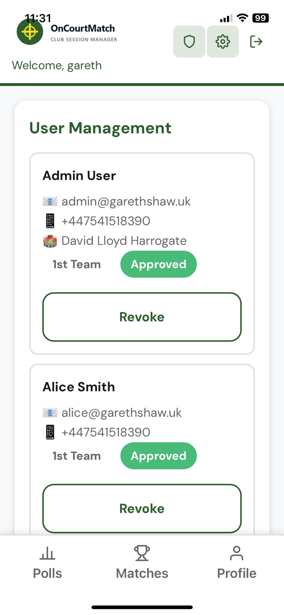 OnCourtMatch app showing session poll responses and generated matches